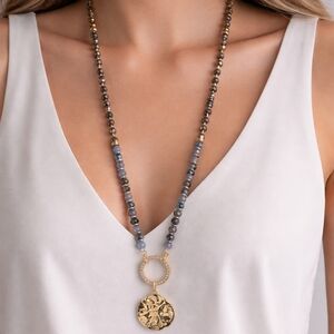 36” Opera Length Blue Crystal & Gold Medallion Statement Necklace